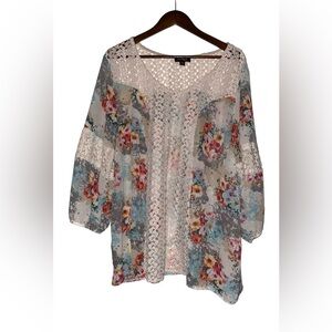 Cal‎ Style Women Tunic Top Size L Semi Sheer Boho Hippie Crochet Floral Lace